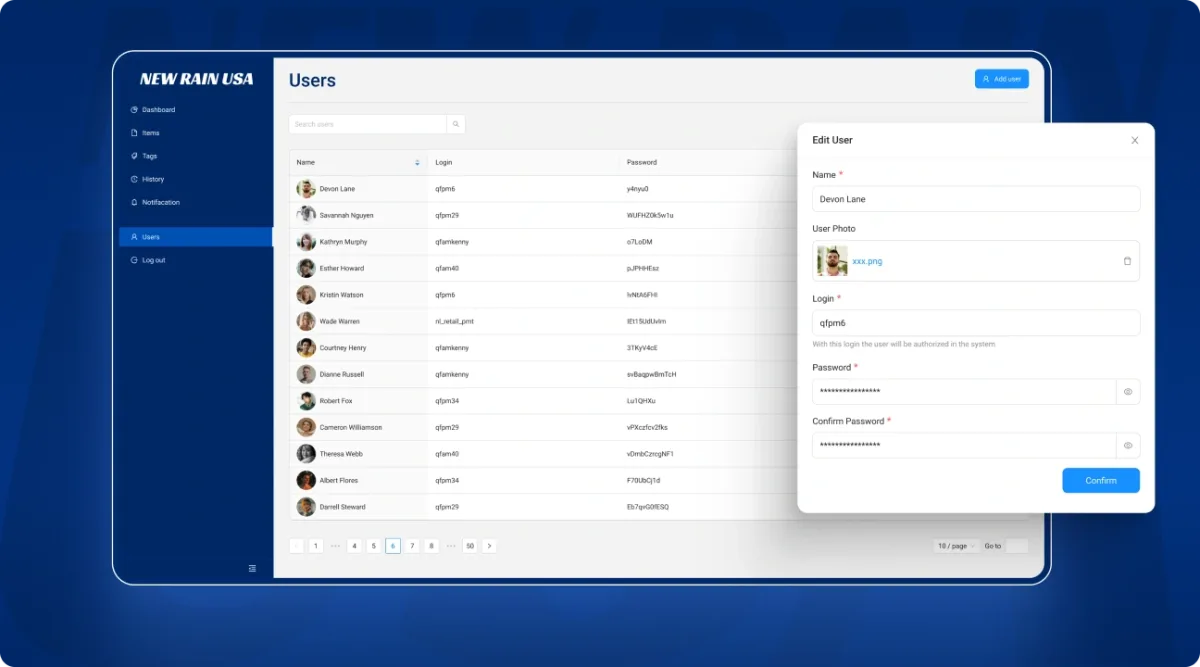 Customer section of the system